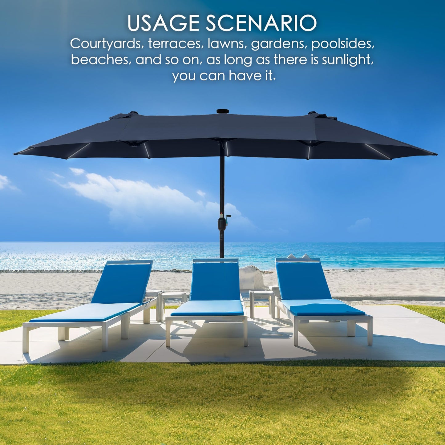 Kozyard 15ft Large Patio Umbrella with Solar Lights Outdoor Umbrella Effortless Crank Lift, Sturdy Weather-Resistant Canopy for Garden Deck Poolside Patio (NavyBlue W/SolarLight)