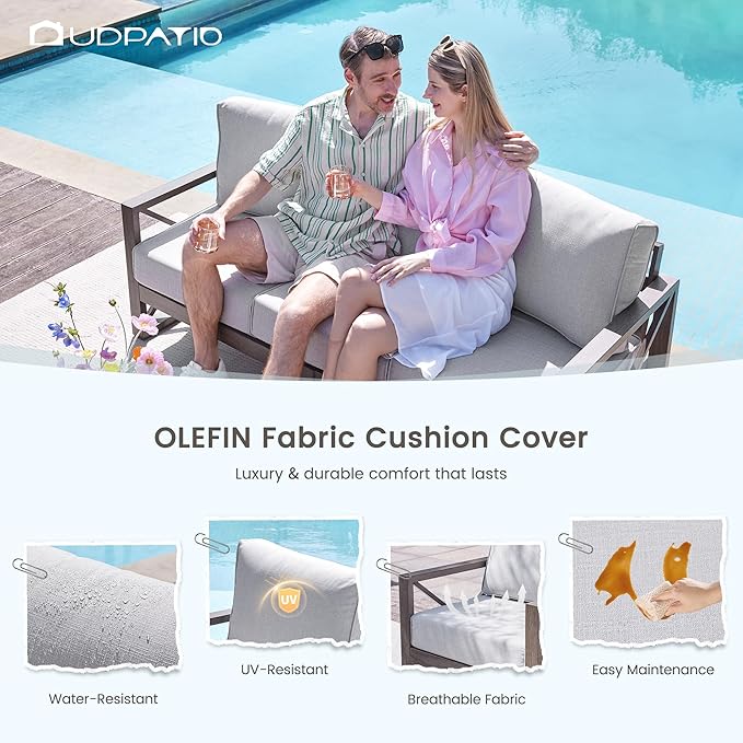 UDPATIO 5 Piece Faux Wood Aluminum Patio Furniture Set 6 Seats Modern Outdoor Furniture Patio Conversation Sets with Coffee Table for Balcony, Backyard, 600D Waterproof Cover Included, Light Grey