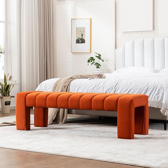 AIITTCC Velvet End of Bed Bench Upholstered Modern 59" Bedroom Bench for King Bed Bench Tufted Window Bench Comfy Long Ottoman for Living Room/Entry/Indoor (Orange, 59" Wide)