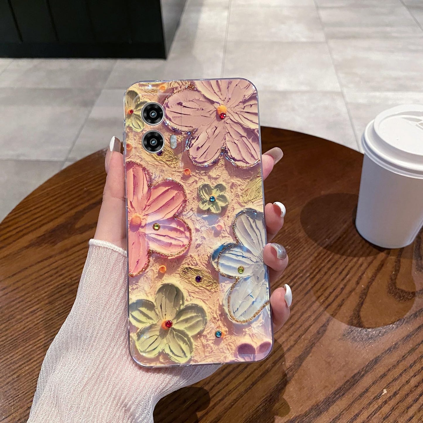 Leleyun Case For Motorola Moto G Stylus 5G 2024 6.7, Colorful Retro Oil Painting Printed Flower Cute Pattern With Glitter Gem Ph