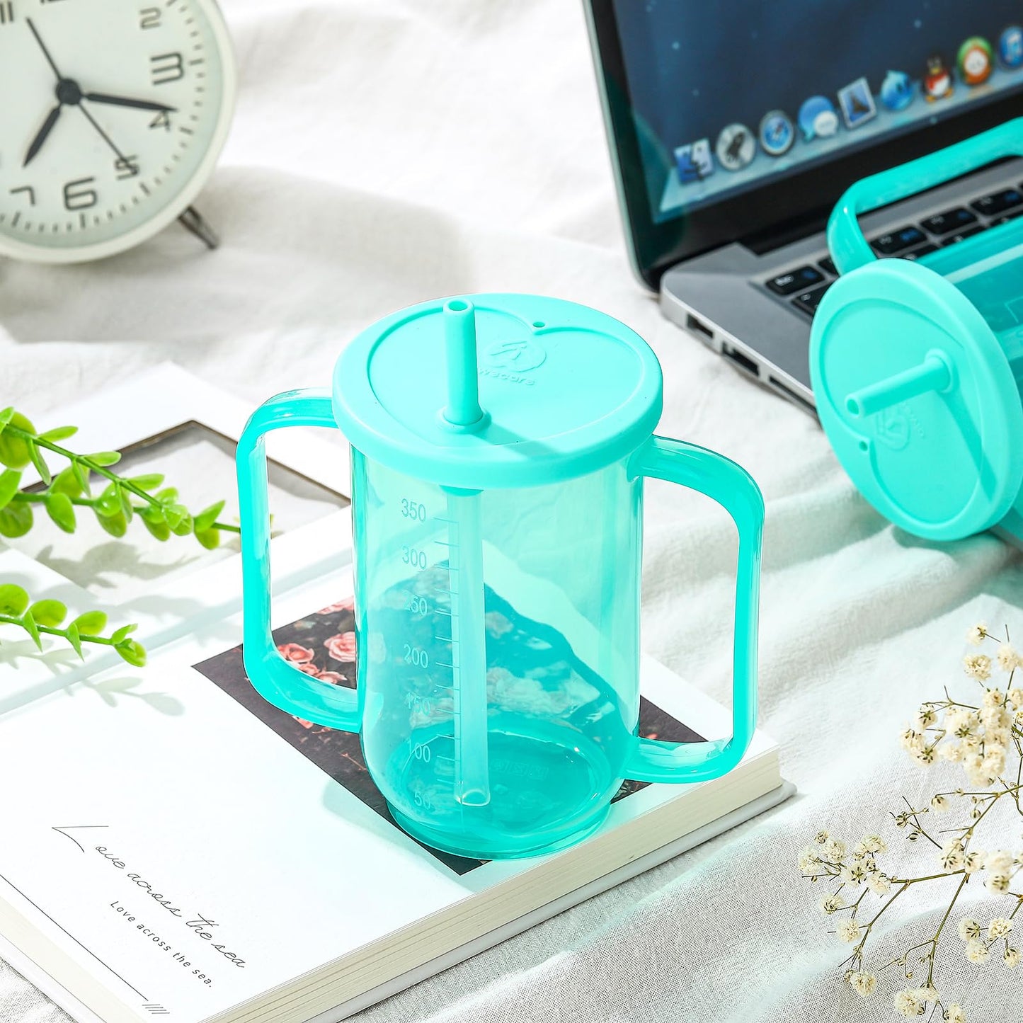 Sliner 3 Pcs Adult Sippy Cups for Elderly 12 oz Straw Sippy Cups with 2 Handles No Spill for Adults Spill Proof Dysphagia Cup for Disabled Patients (Blue)