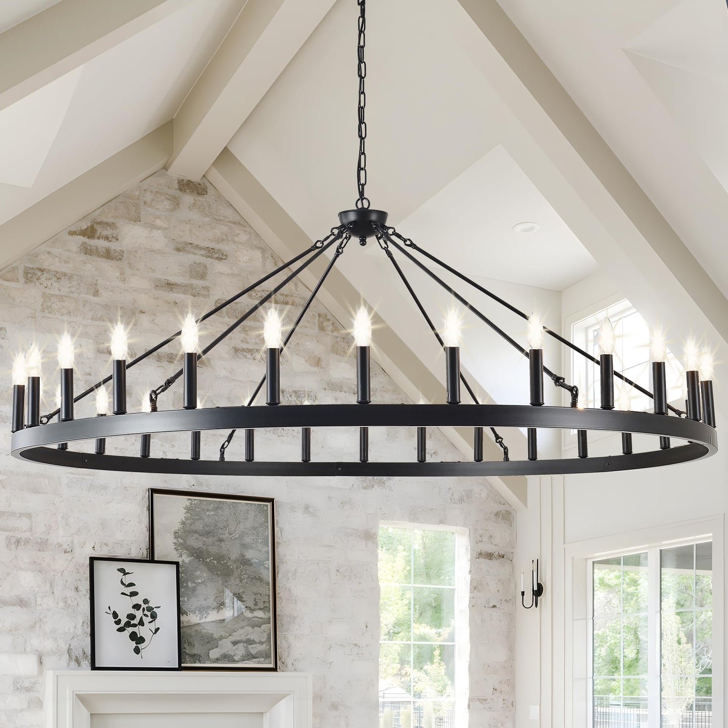 ZBMYRBZJ Large black wagon wheel chandelier 64 inch,30-Light Farmhouse wagon Wheel Chandeliers Round Industrial ceiling light fixtures for outdoor porch high ceilings Living Dining Room Foyer Entryway