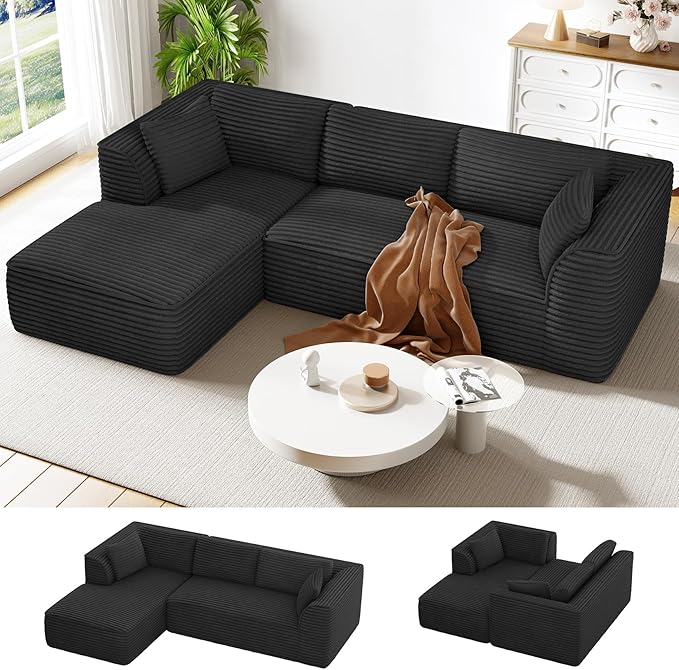 Vesgantti 106" Boneless Couch with Chaise, Deep Seat Comfy Cloud Modular Sofa Corduroy Memory Foam Sectional Couches for Living Room Bedroom, No Assembly Required (Black, Left-Facing Chaise)