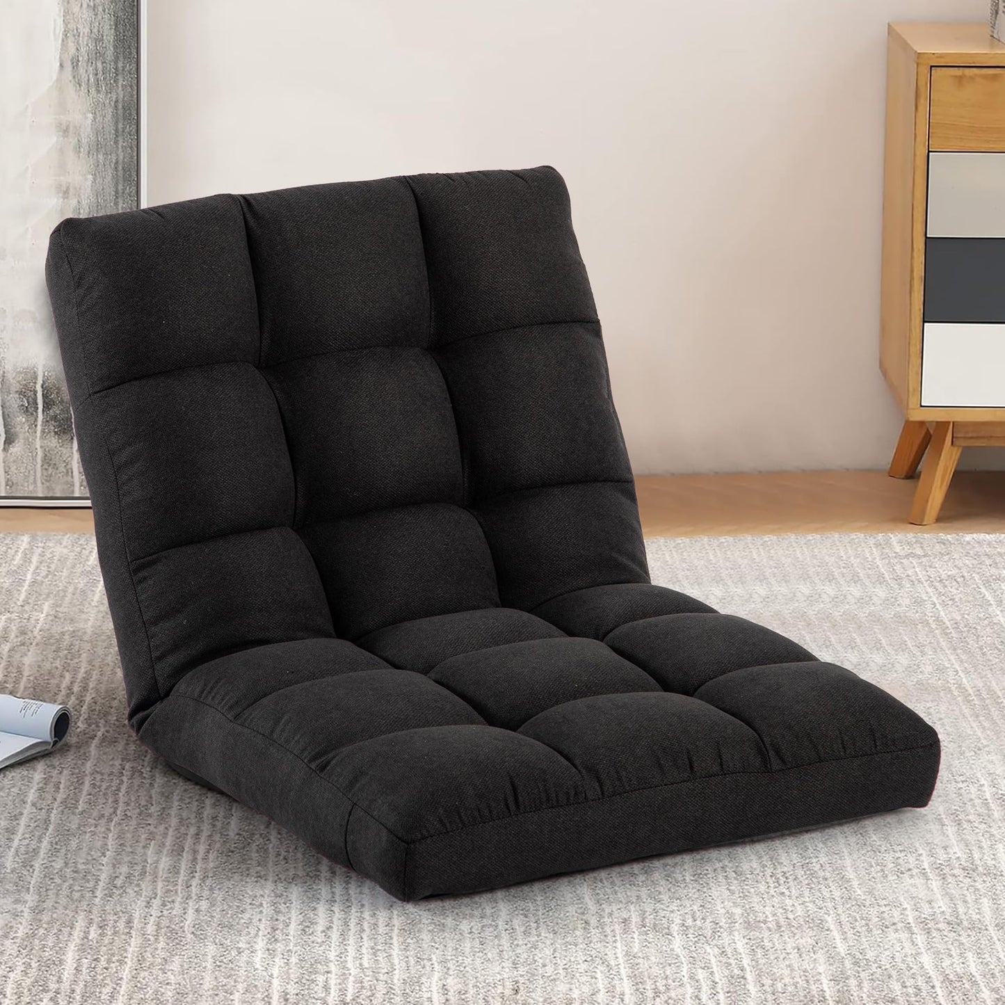 YI DANICA Floor Chair with Back Support Folding Chair with 6 Adjustable Position, Padded Sleeper Bed, Floor Gaming Chair, Meditation Chair, Gaming Floor Chairs for Adults (Country Rustic, Black)
