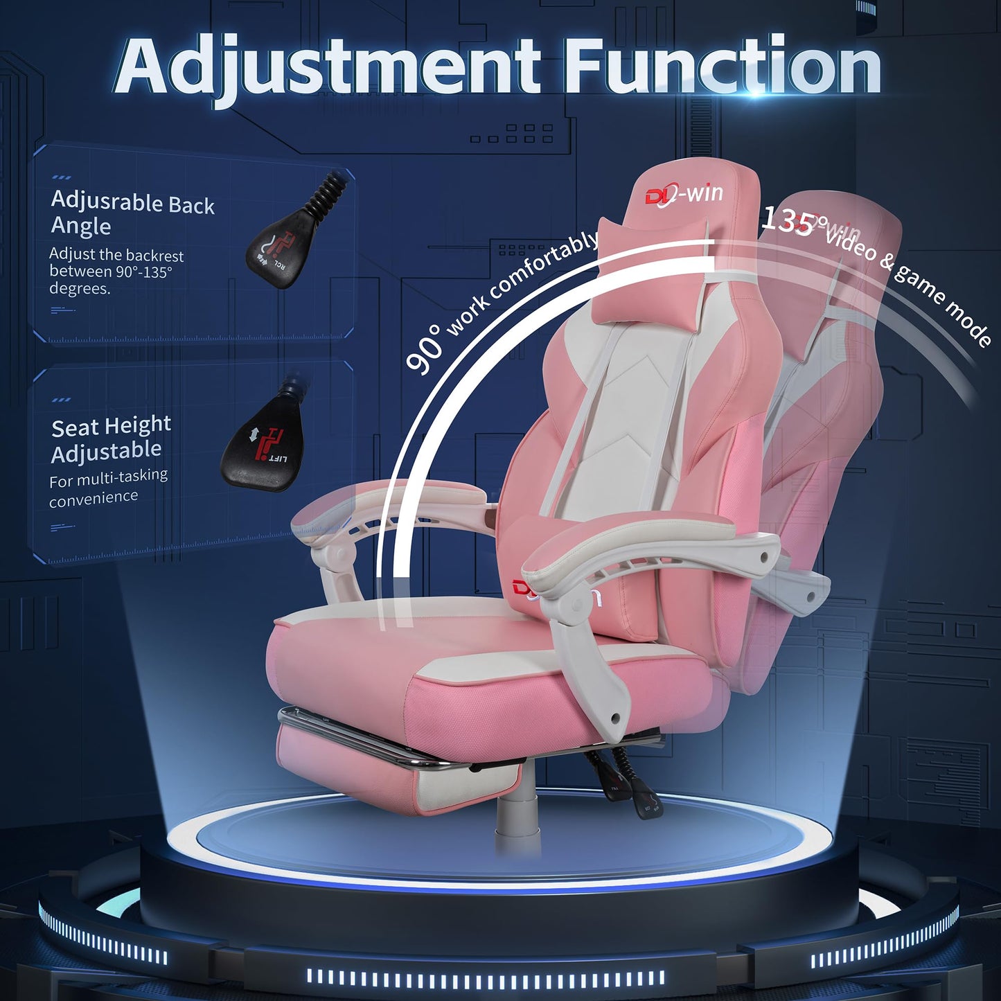 Gaming Chair with Footrest & Lumbar Support, Ergonomic Racing Style Computer Chair, 360° Swivel Height Adjustable Video Game Chair, Massage Office Chair Gaming Equipment, Pink