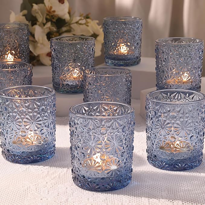 Blue Votive Candle Holder Set of 12, Flower Tea Lights Candles Holders for Wedding Table Centerpieces, Birthday Parties, H...
