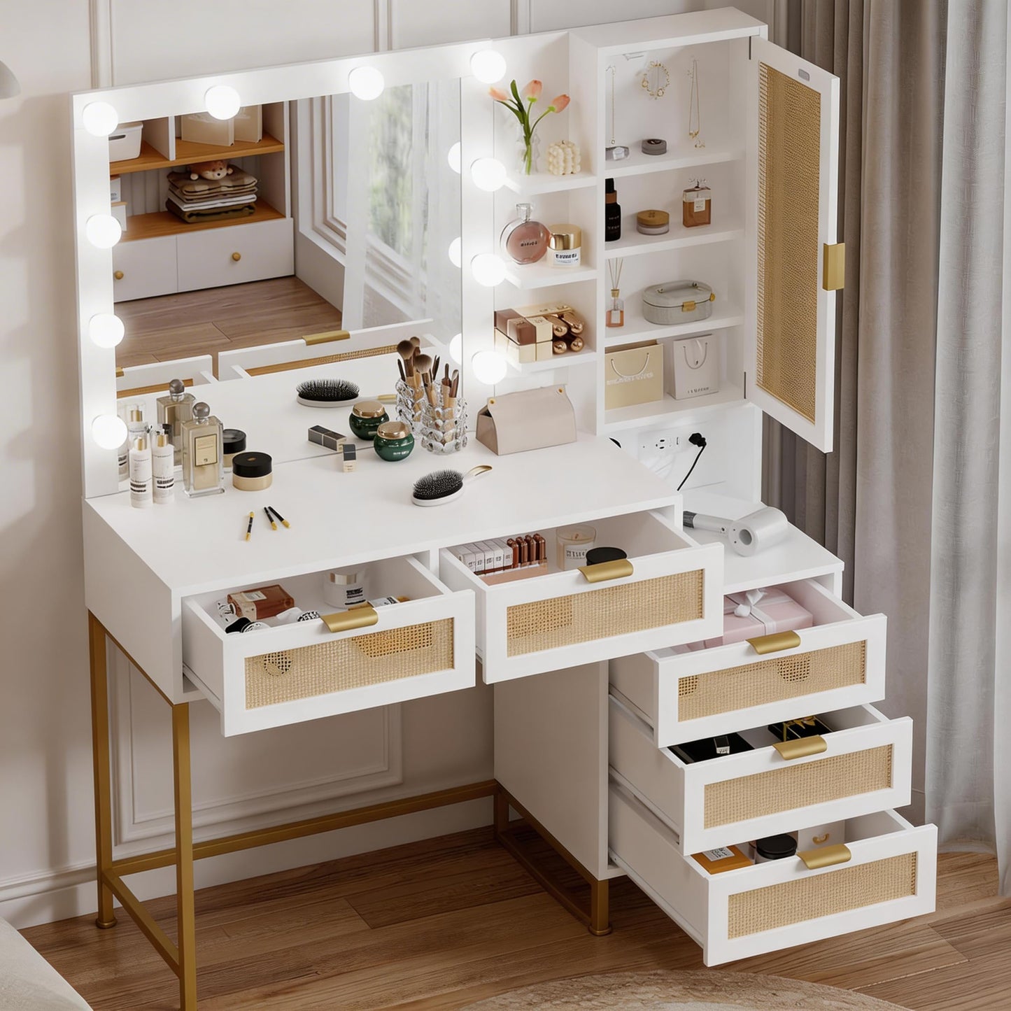 Garvee Rattan Vanity Desk with 12 LED Lights & Charging Station, Makeup Vanity Table with 5 Drawers and 8 Storage Shelves, 3 Lighting Modes Dressing Table with Power Outlet, White Gold