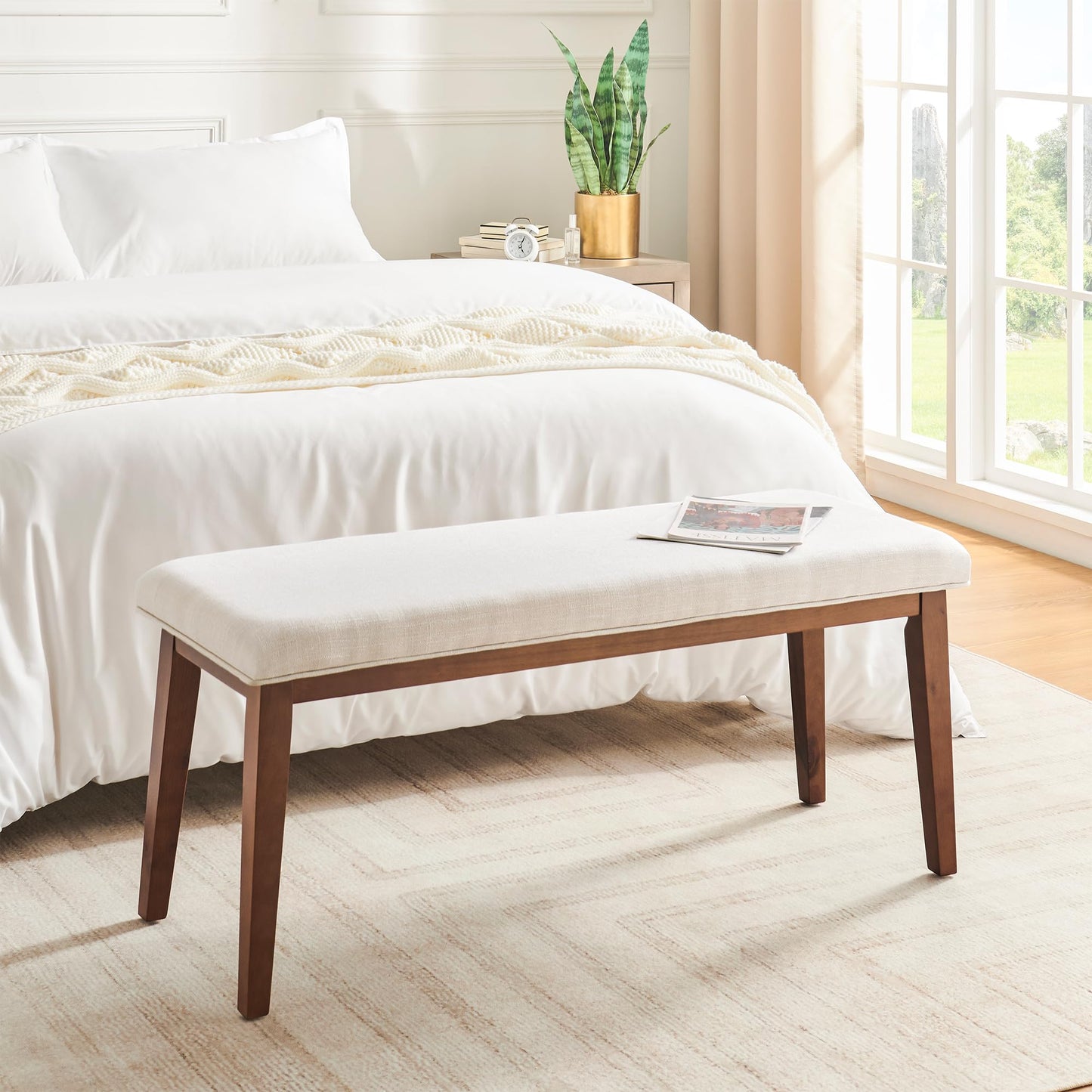 kinmars Upholstered Bench for Bedroom End of Bed,42.5-inch Entryway Bench for Living Room,Dining Bench with Padded Seat and Solid Wood Leg for Kitchen Bedroom,Indoor and Hallway (Bench, Beige)