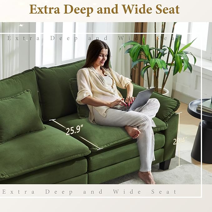 URRED Cloud Couch Modular Sectional Sofa, 122" Modern U Shaped Deep Seat Sofa with 2 Ottomans & Pillows, Ultra Comfy Corduroy Couches for Living Room, Bedroom or Apartment, Green