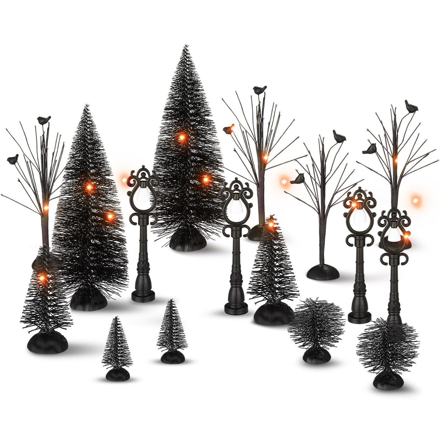 Zeyune Halloween Village Accessories Ornaments Set Bare Branches Bottle Brush Trees Halloween Night Street Lamps Figurine Set with LED String Lights for Party Decor(Orange Trees,17 Pcs)