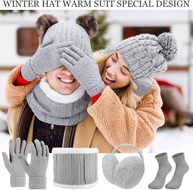 SATINIOR 5 Pcs Winter Hat Scarf Gloves Set Fleece Warm Lined Knit Beanie Hat Touch Screen Earmuff Gloves Warmer for Women(Grey,Cute Style)