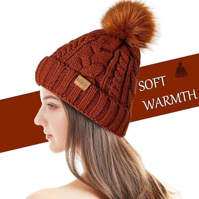 REDESS Women Winter Pompom Beanie Hat with Warm Fleece Lined, Thick Slouchy Snow Knit Skull Ski Cap