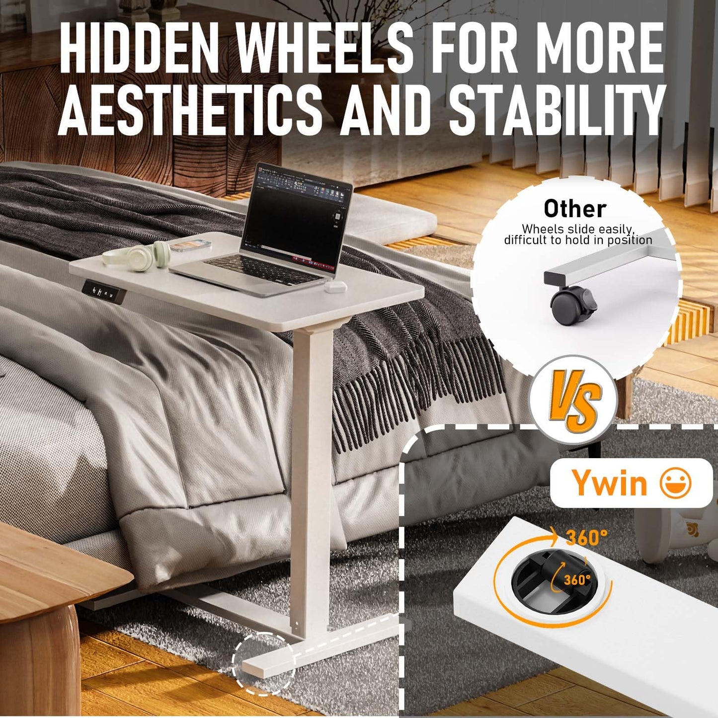 Ywin Electric Bedside Table, Overbed Table with Wheels, Adjustable Height Laptop Desk, Medical Table Over Bed Swivel 15.7" W x 23.6" L, for Home, Sofa, Bed, Medical, Eating Use