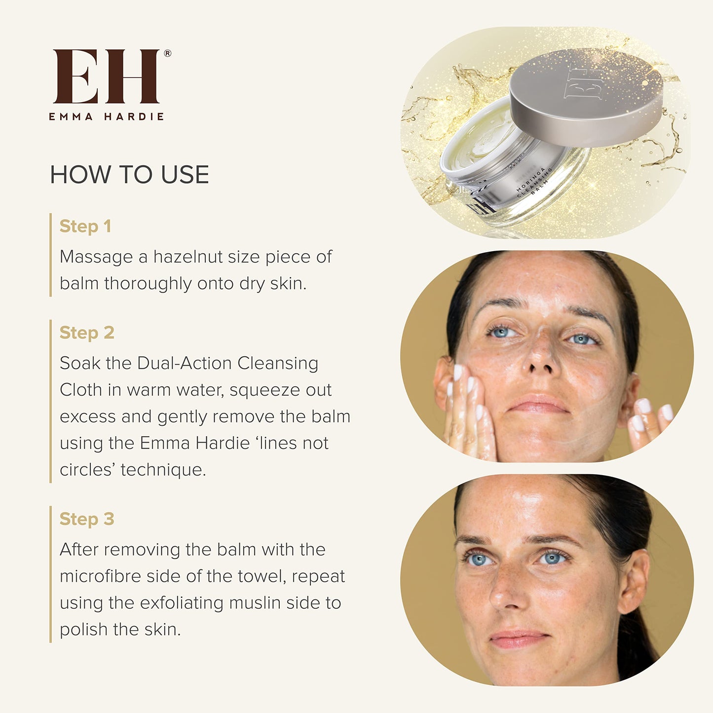 Emma Hardie 100ml Moringa Cleansing Balm with Cleansing Cloth Set, No-Rinse Formula Removes Face & Eye Make Up, Moisturizes & Hy