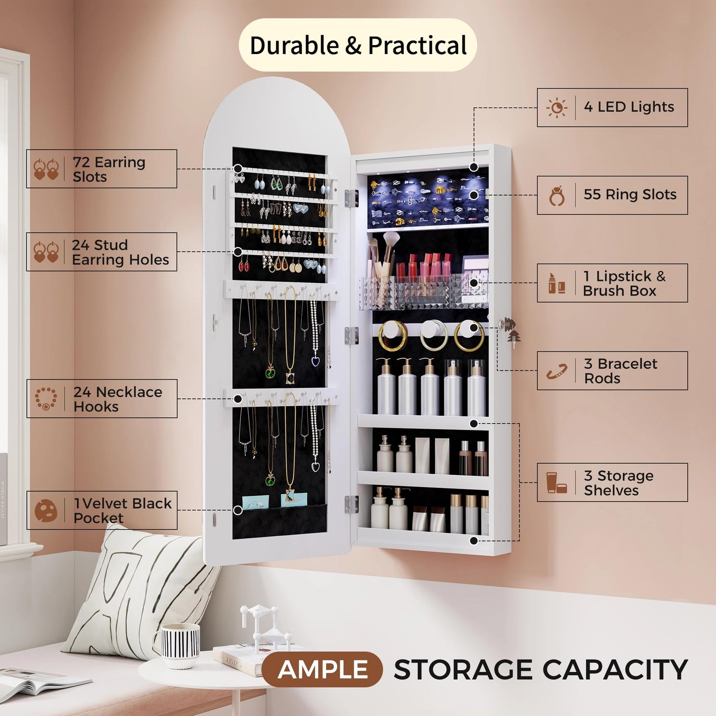 Trygoal 43" Wall Mounted Jewelry Organizer Lockable, Full-Length Mirror with 3 Storage Shelves Makeup Dressing Mirror Armoire with Lights and Jewelry Storage, White