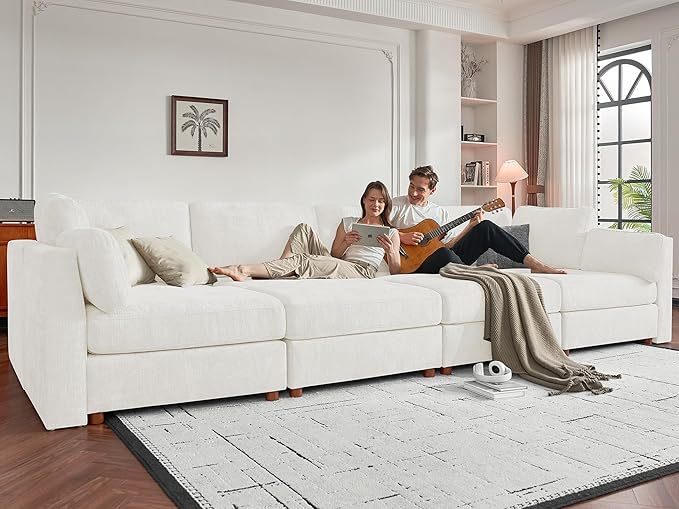 CUGOAO 118'' Modular Sectional Sofa, Oversized L-Shaped Sectional Couch with Ottoman, Deep Seat Chenille Cloud Couch, Mordern Upholstered Couches for Living Room, Apartment, Office, Beige