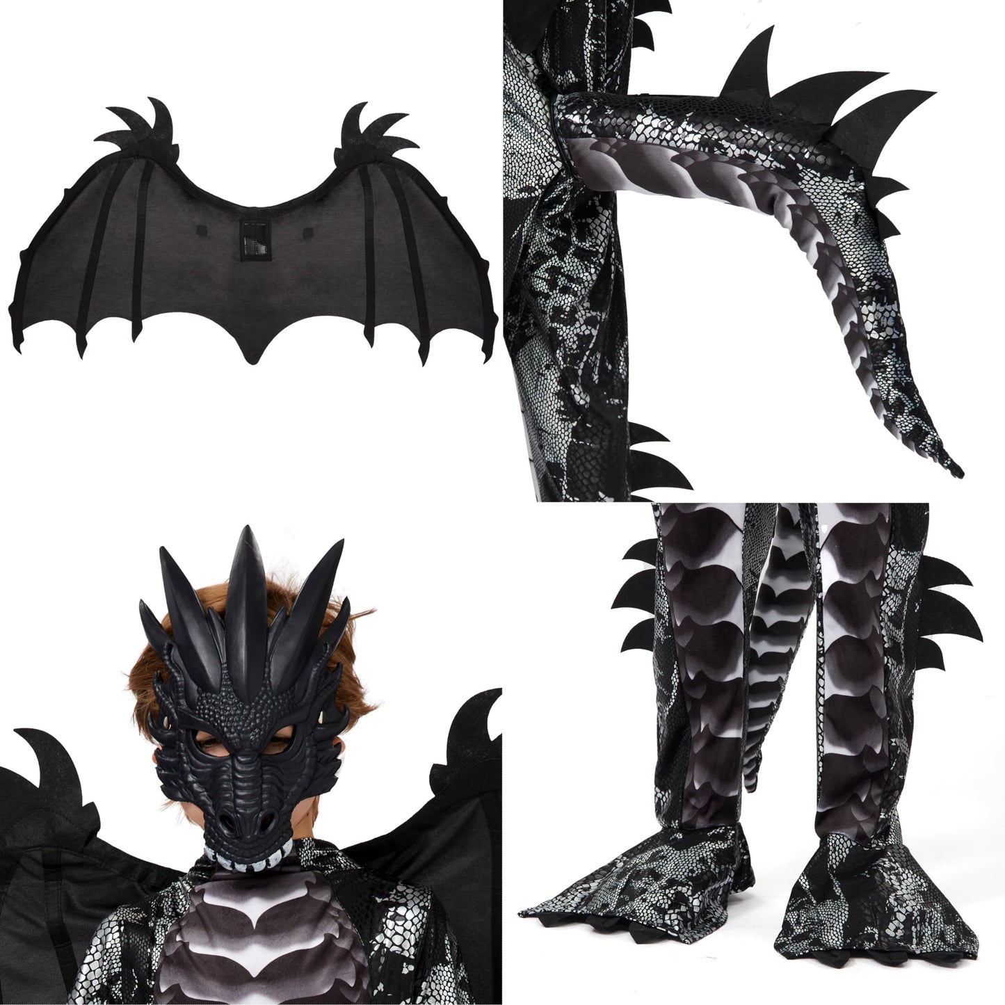 Spooktacular Creations Halloween Kids Dragon Costume, Dark Jumpsuit, Boys Dragon Wings, Tail and Mask Set for Halloween Dress Up-S