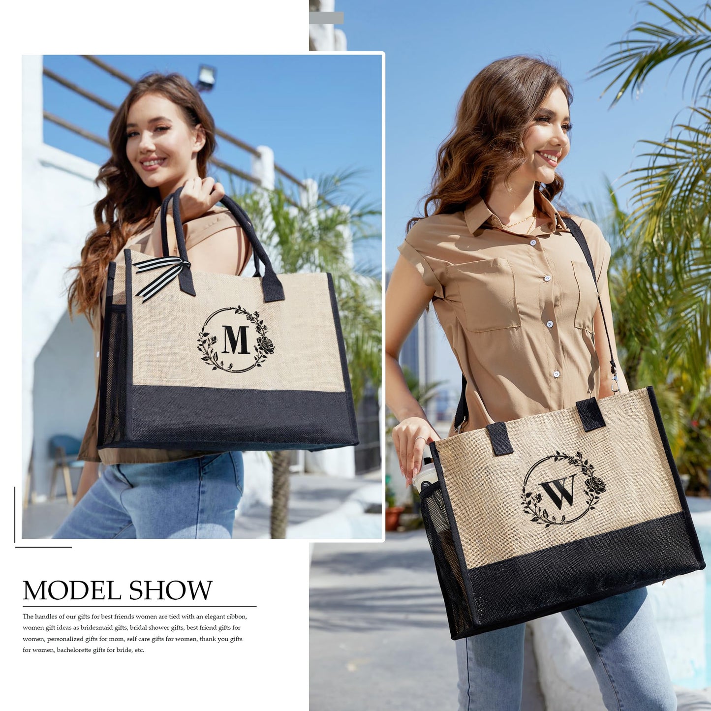 BeeGreen Beach Bag for Women Personalized Birthday Gifts for Friends Mother Bride Initial Jute Tote Bag with Zipper Closure Embroidery Large Teacher Tote Bag with Inner& Side Pouch M