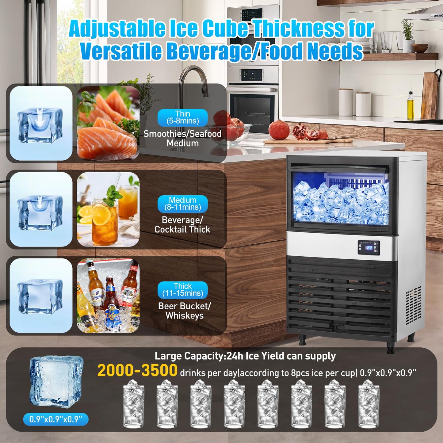Commercial Ice Maker Machine, 150 Lbs/24H Ice Machine with 30 Lbs Storage Bin, Under Counter Ice Maker Machine with with Led Digital Display, Auto-Clean, Blue Light, Ideal for Home, Restaurant, Bar