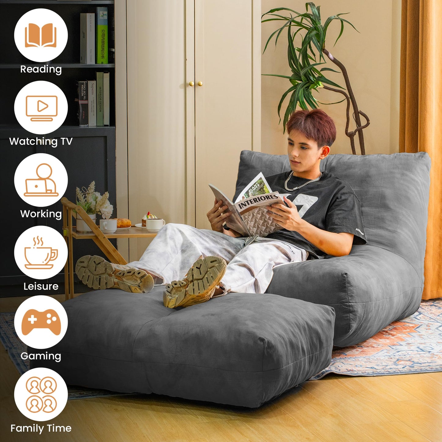 Cvortll Bean Bag Chair with Ottoman, Comfy Bean Bag Sofa with Memory Foam, Lazy BeanBag Sofa with Footstool, Fireside Bean Bag Couch for Living Room, Bedroom, Apartment