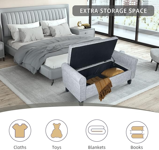 Babion Storage Bench for Bedroom, Button Linen Fabric, 51 Inch, End of Bed Storage, Upholstered Rolled Arm Window Seat with Solid Wood Legs, Dark Grey