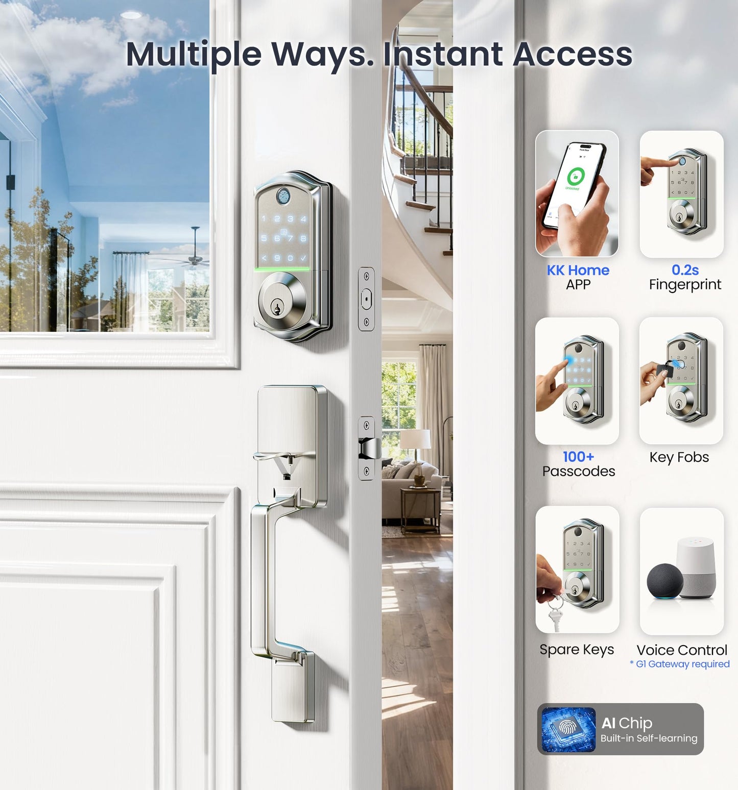 Veise VE017-D Smart Fingerprint Front Door Lock Set, App Control, 8-in-1 Keyless Entry Deadbolt with Lever Handle, Touchscreen Keypad, IP55 Weatherproof, Auto Lock, Easy Install, Satin Nickel