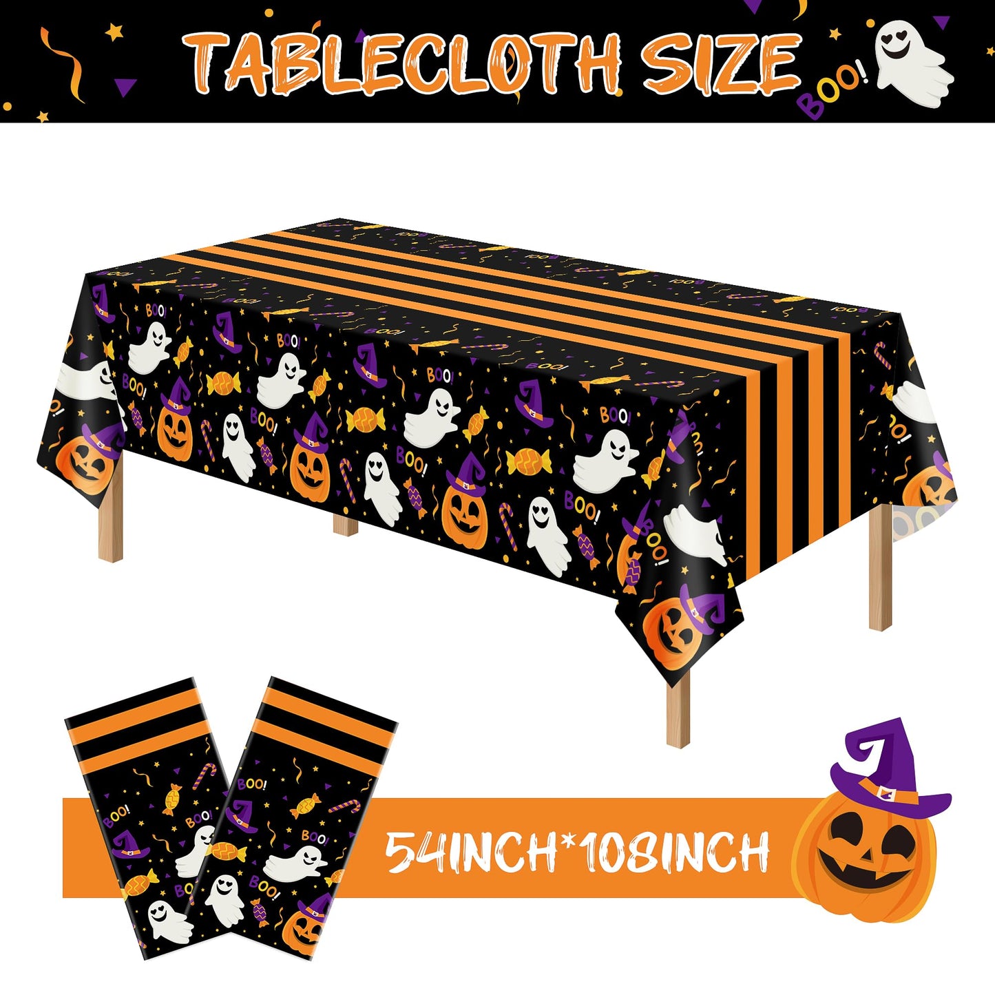 Kelool 2 Pack Halloween Tablecloth 54 x 108 Inch,Plastic Table Cloth Rectangle Disposable,Ghost Black Tablecloths Halloween Decorations,Pumpkin Witch Hat Table Cover for Indoor Outdoor Party Decor