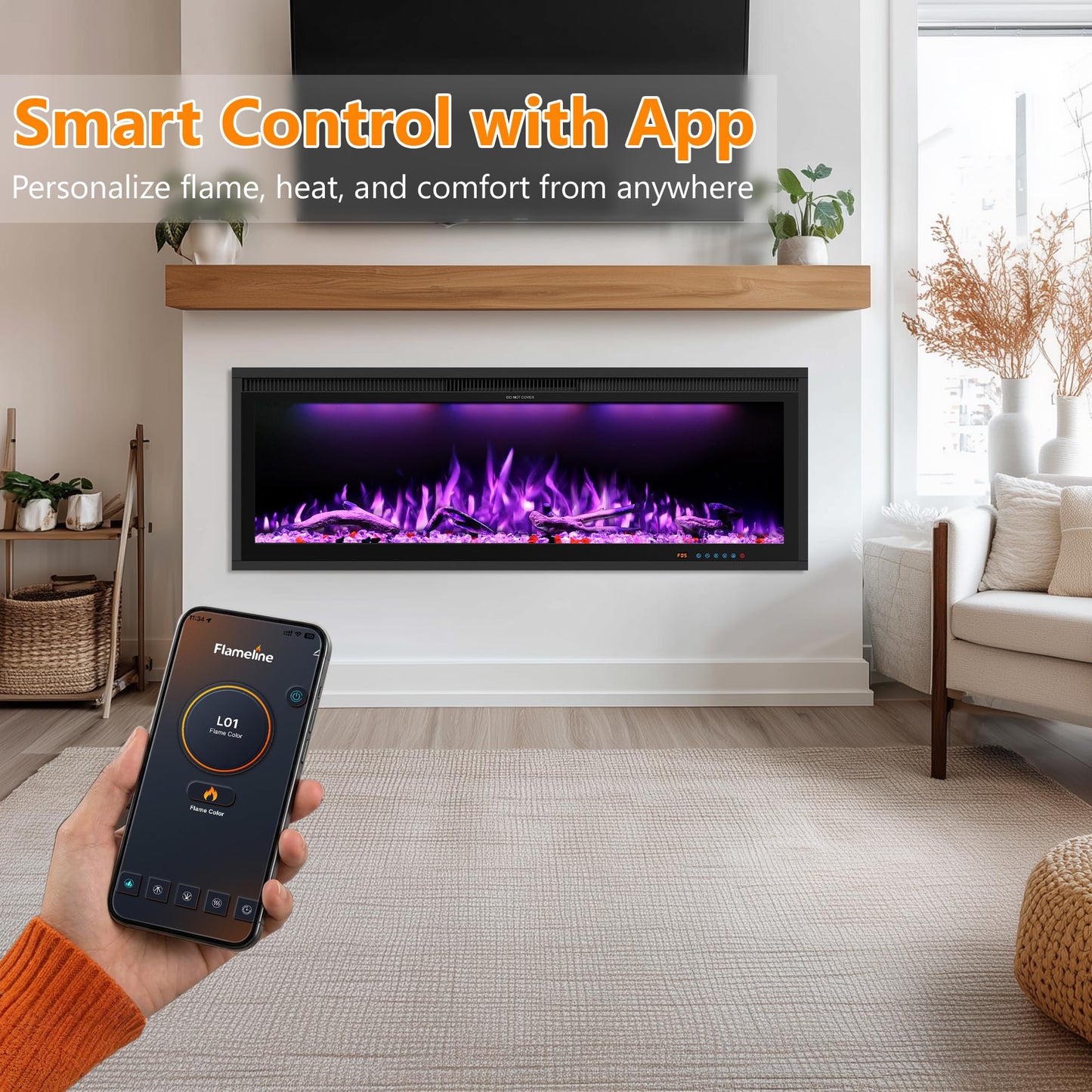 48" WiFi Electric Fireplace Insert, Ultra-Narrow Bezel Fireplace Heater with APP Control, 3 Top Light Colors, 13 Flame & Fuel Bed Colors, 9H Timer, Recessed/Wall Mounted, 750/1500W, Black
