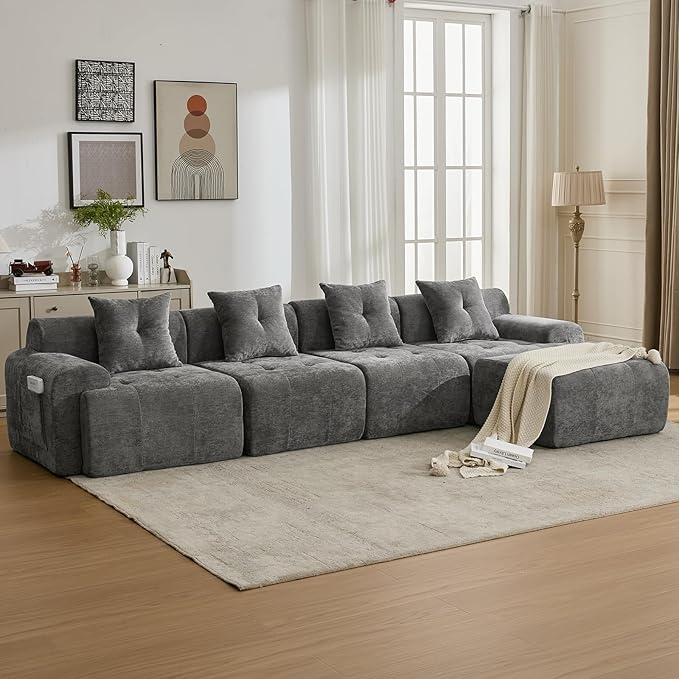 YAAREE 129.23”Modular Sectional Couch for Living Room, Modren L-Shape Cloud Sectional 4-Seater Sofa with Movable Ottoman, Woven Texture Upholstery Boneless Couch, No Assembly, Grey