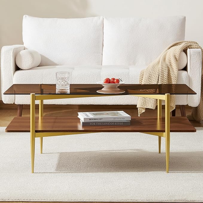 Pine Flicker Rectangle Coffee Table, Mid-Century Modern Design, L41*W21*H17 inch, for Living Room, Amber Glass Top and Walnut Finish Wood Shelf, Conical Metal Legs with Gold Finish