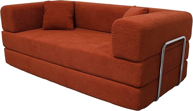 Convertible Couch Sofa Bed Foldable Floor Sleeper | All High-Density 35D Foam | Fold Out Deep Seat Couch | King Size | Compression Sofa Sleeper for Living Room, Bedroom | Corduroy Orange