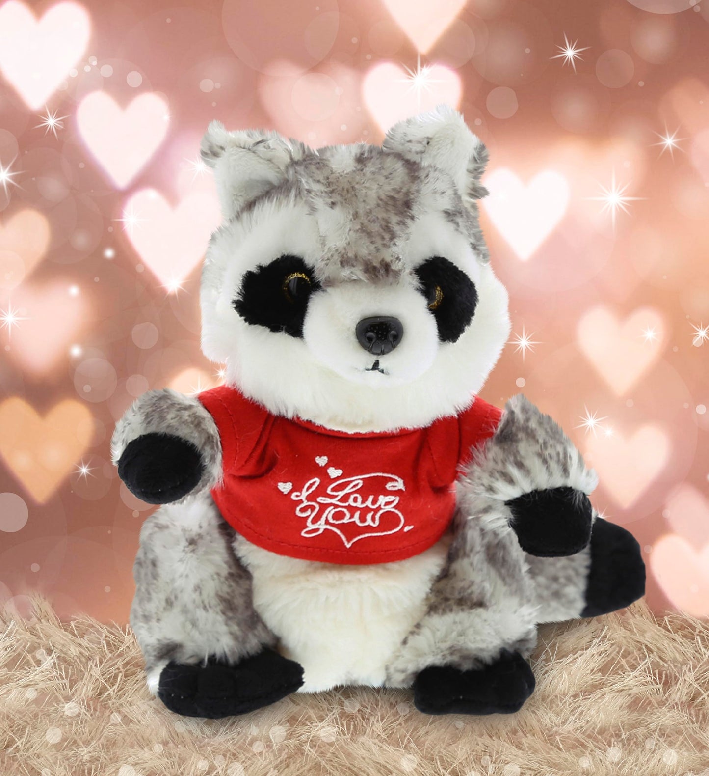 DolliBu I Love You Valentine Plush Raccoon - Cute Stuffed Animal with Red Shirt and Name Personalization Gift for Valentines Day, Birthday, Anniversary, Romantic Date - 9 Inches