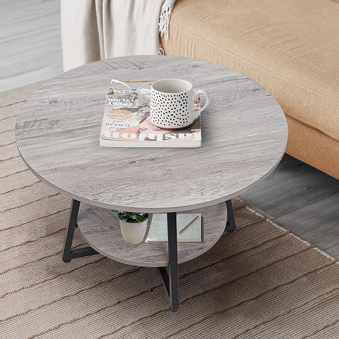 Masigle Round Coffee Table, 2-Tier Circle Coffee Table with Storage, Modern Wood Round Center Table, for Living Room, Small Space, Home Office, Easy Assembly, Wash Gray