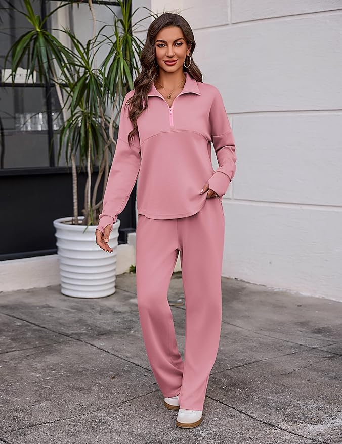 Totatuit Womens Sweatsuits 2 piece Set Lapel Half Zip Lightweight Sweatshirts and Wide Leg Pants Tracksuit Lounge Sets