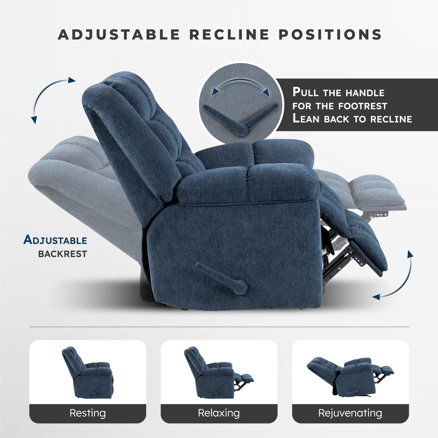 Lexicon Chenille Rocker Reclining Chair for Adults, Rocker Pull Handle Recliner, Nursery Chair for Living Room/Bedroom, High Back, Pillow Top Arms, High Density Foam Cushions, Blue