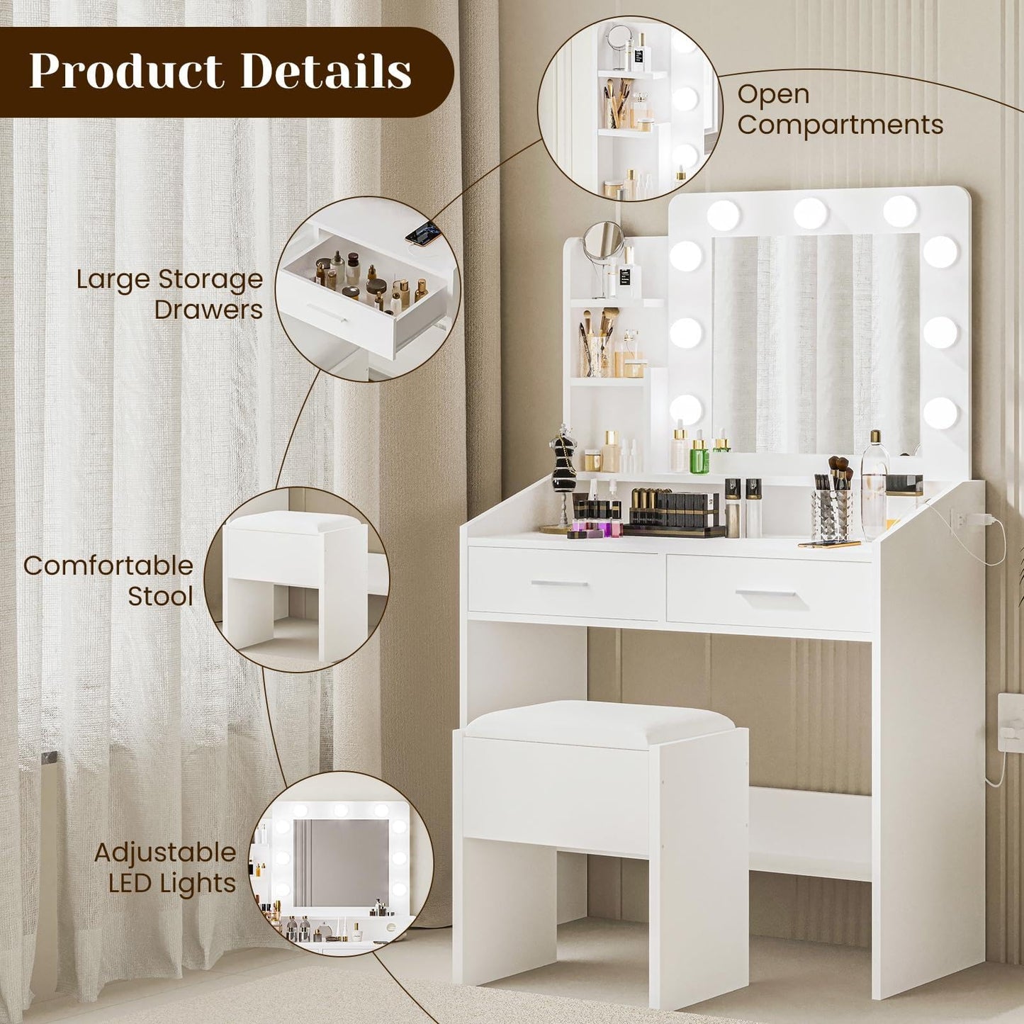 PeacefulHues Modern Vanity Desk with Lighted Mirror & Upholstered Stool, Makeup Table with 2 Spacious Drawers and 3-Color Dimmable LED Lights, Elegant Bedroom Vanity Set for Women and Girls