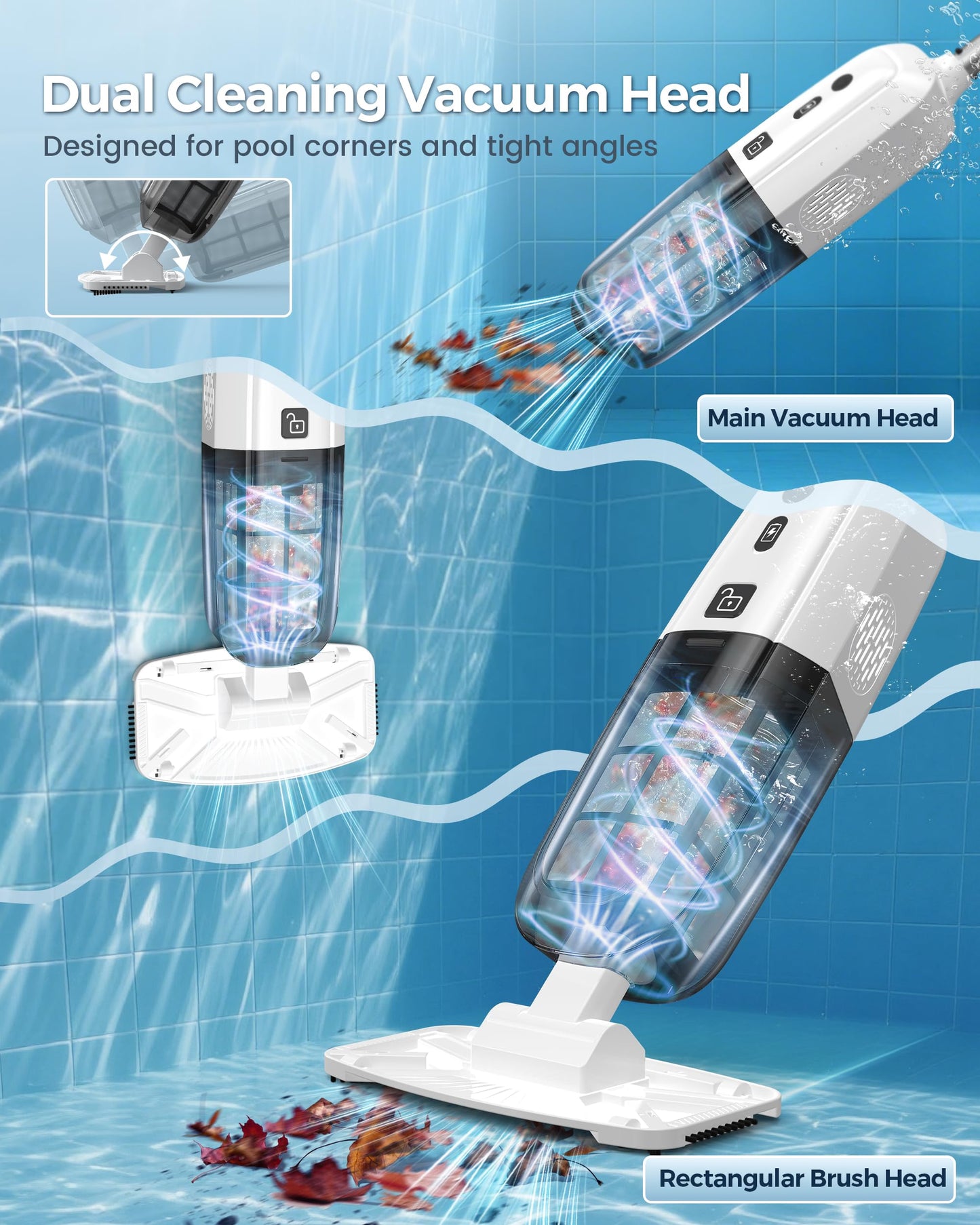 K1 Handheld Pool Vacuum,Pool Vacuum for Above Ground Pool,Rechargeable Pool Cleaner with Extention Pole,16.8GPM,70 Mins Runtime,Above Ground Pool Vacuum for Inground Pools, Spas, Hot Tubs,White