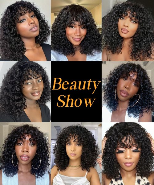 Bob Wig with Bangs Human Hair Water Wave 2x4 HD Lace Closure Front Curly Wigs Human Hair Bang Wig 220 Density Glueless Wear and Go for Beginners 100% Brazilian Human Hair for Black Women 12 Inch