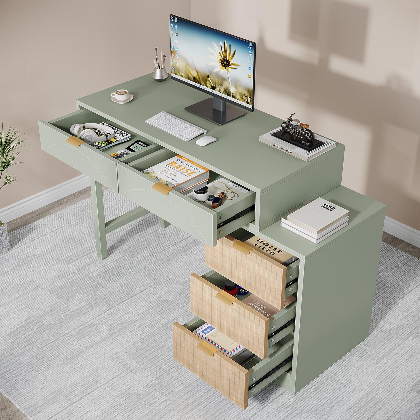 Tribesigns Computer Desk with 5 Drawers, Reversible Small Modern Writing Desk with Storage, Wooden Study Table Office Workstation for Home Office, Small Spaces, Mint Green