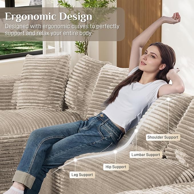 Modular Sectional Sofa, 130" U Shaped Cloud Couch Plush Corduroy Comfy Deep Seat Boneless Sofas with 8 Pillows Double Chaise Lounge Sectional Couches with Memory Foam for Living Room - Light Camel