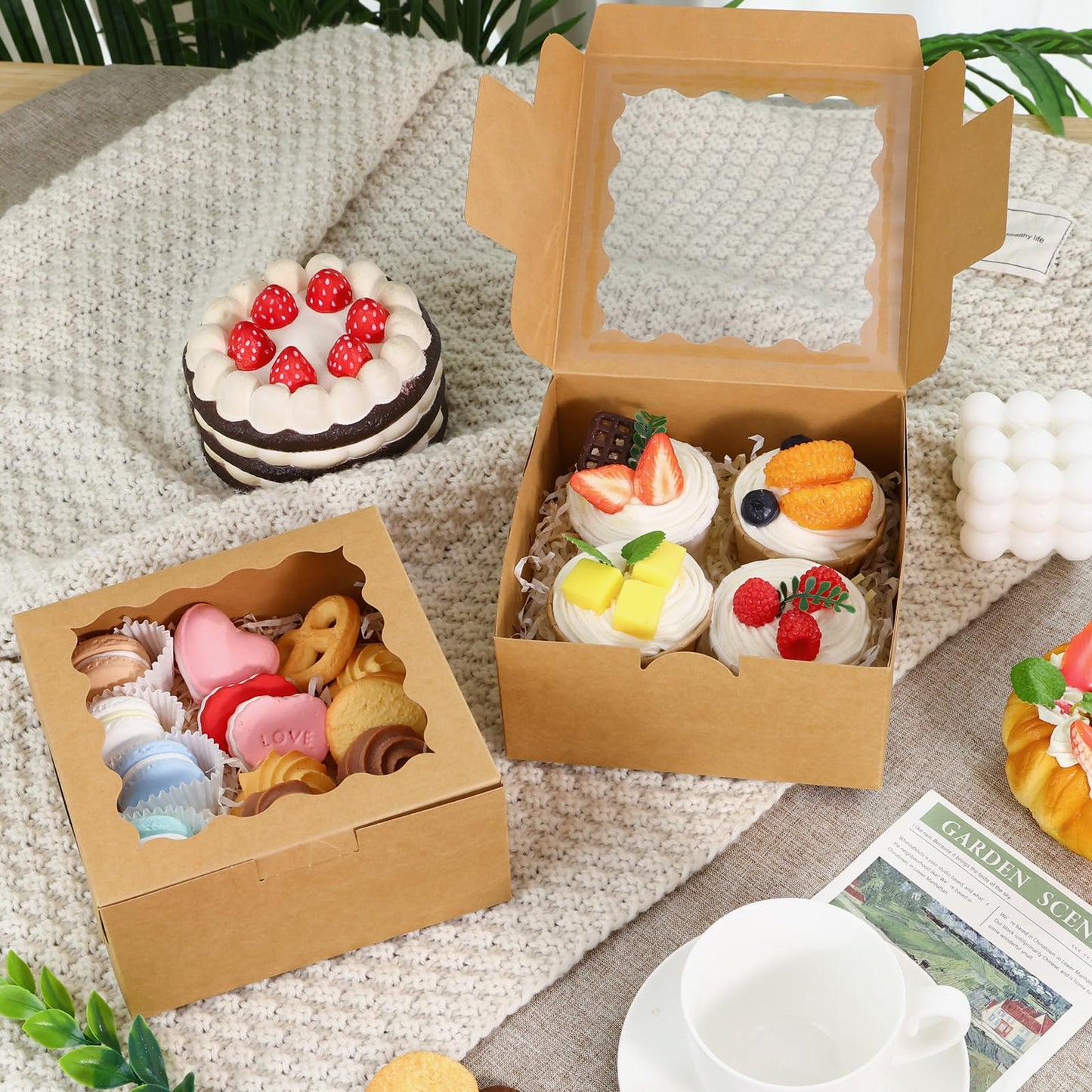 Moretoes 15pcs Cookie Boxes with Window, 6x6x3in Brown Bakery Boxes for Treats, Small Cake, Desserts, Donuts, Pastry