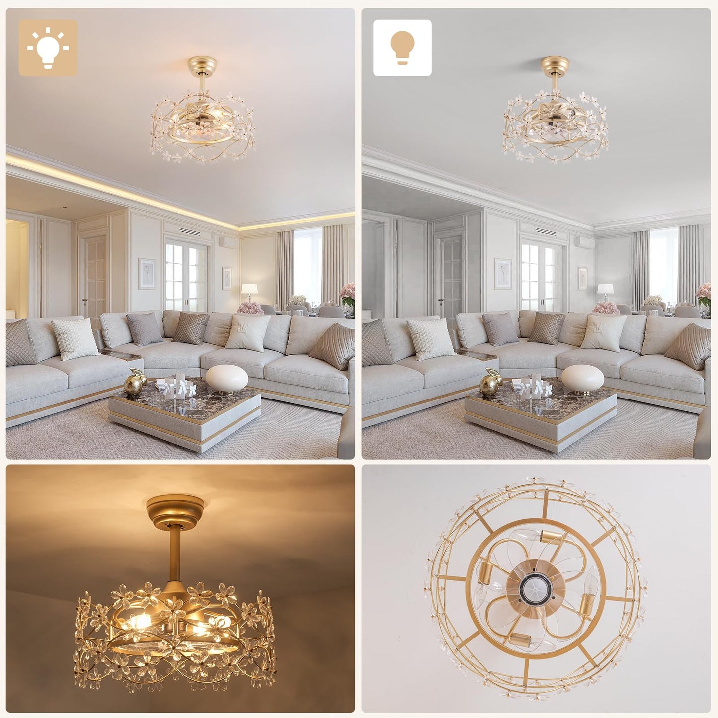 CELAVIEIOP 20" Gold Fandelier Ceiling Fan with Light, Flower Crystal Chandelier Ceiling Fan with Light and Remote Control, Modern Caged Enclosed 6 Speeds for Girl's Bedroom, Nursery, Living Room