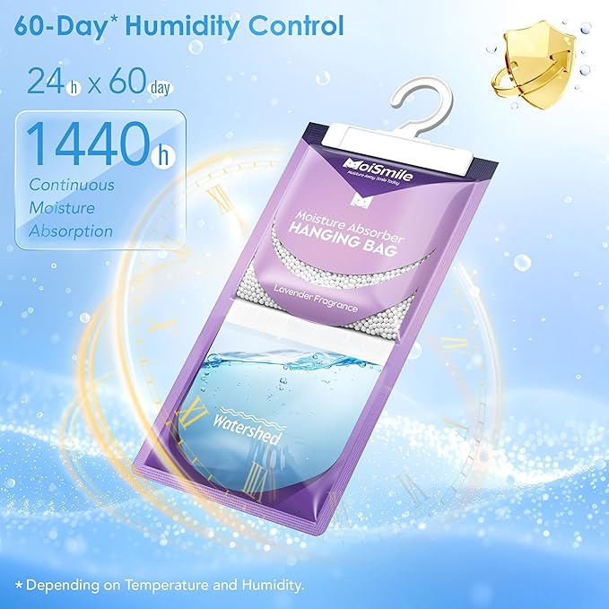 Moisture Absorbers 10 Pack Lavender Fragrance, Hanging Closet Dehumidifier Bags, Humidity Absorber, Compact Eliminates Odors Humidity Packs for Car, Bathroom, Bedroom, Basement, 9.8OZ