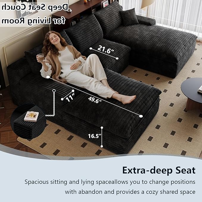 107" Cloud Sectional Couch U-Shaped Chaise with Ottoman, Corduroy Boneless Couch for Living Room Bedroom, Deep-Seat Upholstered Modular Cloud Sofa, No Assembly Required (Black, Right Facing Chaise)