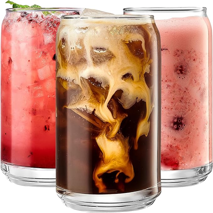 Le'raze Set of 6 Patented Can Shaped® Drinking Glasses - 16oz Clear Goblet Glass Cups for Margarita, Cocktails, Iced Coffe...