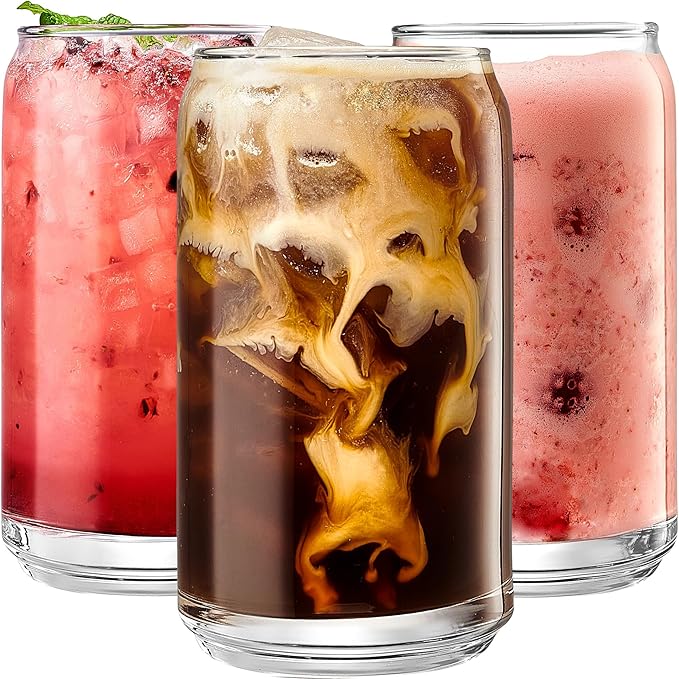 Le'raze Set of 6 Patented Can Shaped® Drinking Glasses - 16oz Clear Goblet Glass Cups for Margarita, Cocktails, Iced Coffe...