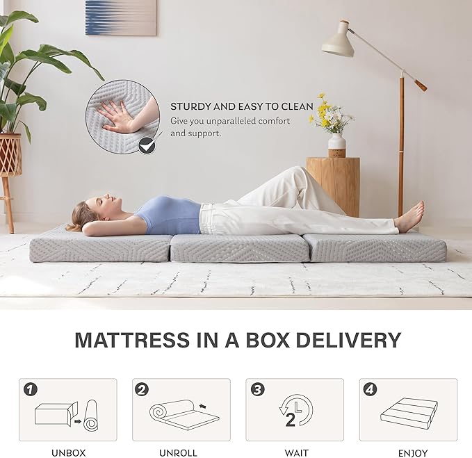 MLILY Tri-Fold Memory Foam Mattress, 6 inch Twin Folding Topper with Collapsible and Washable Cover, Travel and Guest Mat, 78"×38"×6", Grey