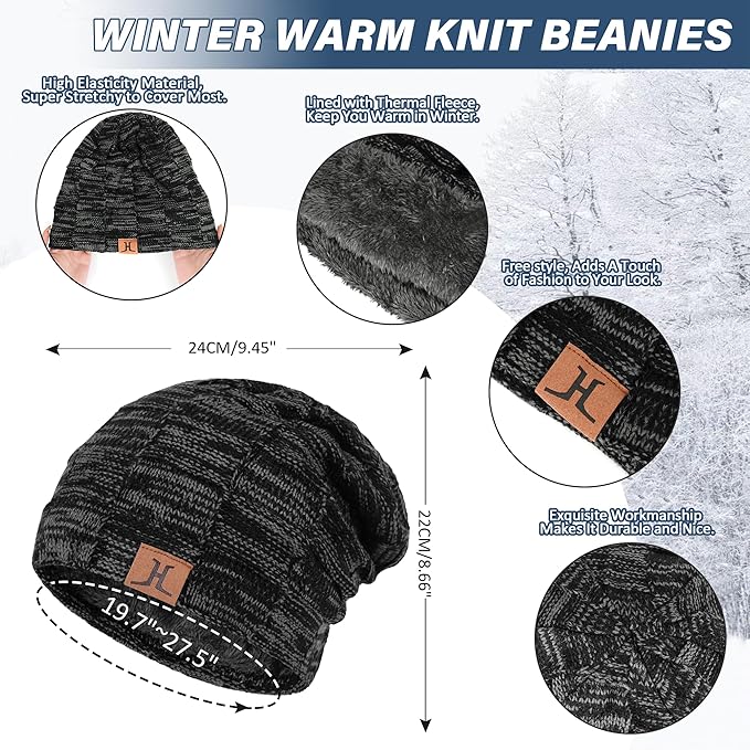 Mens Winter Beanie Hats Scarf Set Warm Knit Skull Cap Neck Warmer with Fleece Lined Winter Hat for Women
