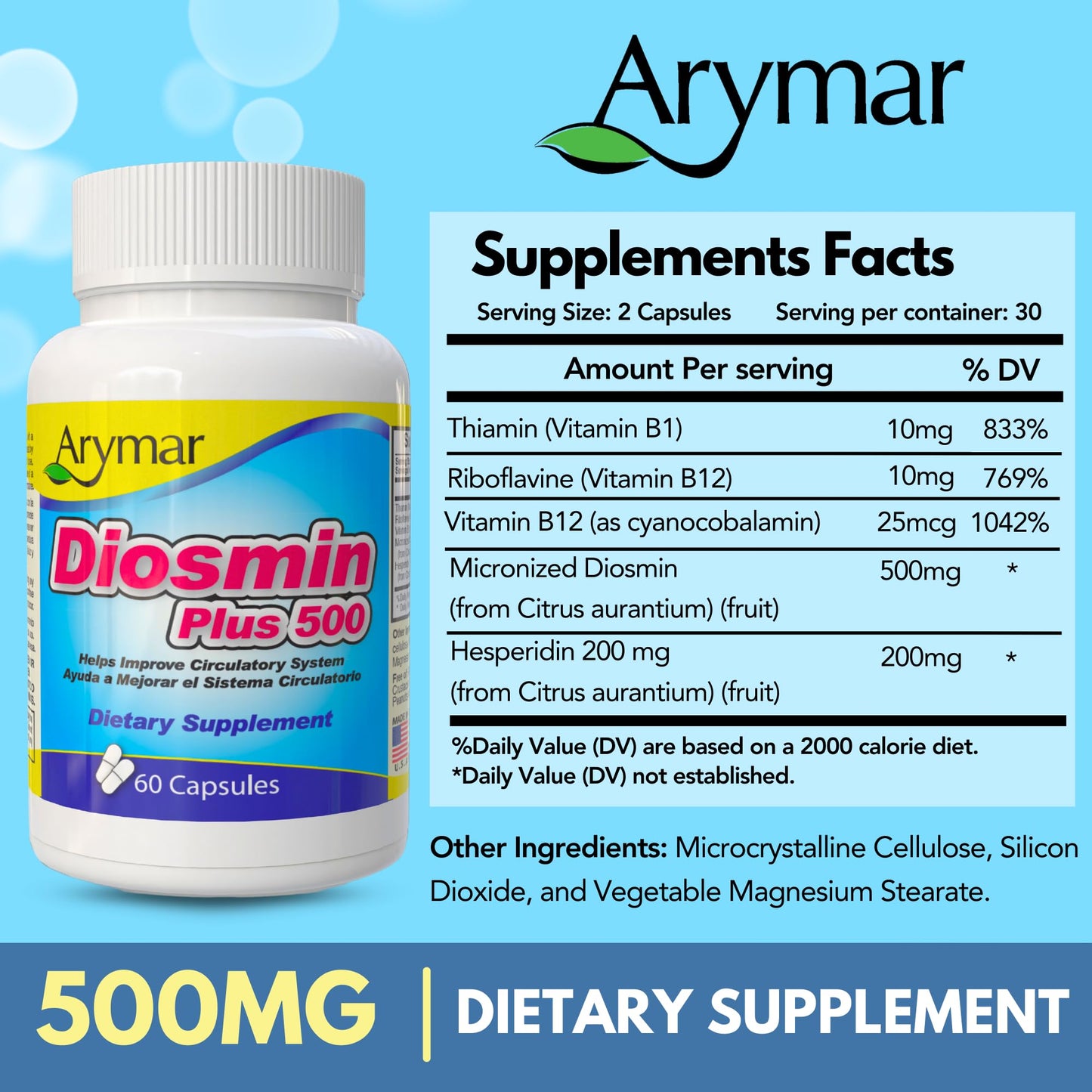 ARYMAR Diosmin Plus 500 mg + 200 mg Hesperidin + B‑Complex – Circulatory Support Supplement for Healthy Veins & Blood Flow, 60  Capsules