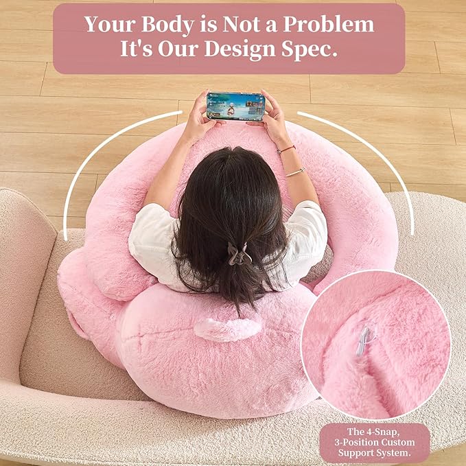 PAJEO Reading Pillow for Bed,U Shaped & Back Support Pillow for Bed,19" Backrest with Lumbar & Arm Support,Luxurious Faux Rabbit Fur,Gaming PillowFor Crochet/Reading/Watching TV,Pink